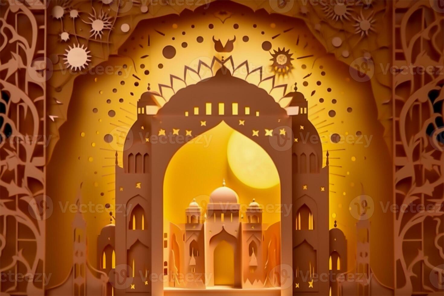 Islamic ramadan background in papercut style. Eid al fir paper craft background. . photo