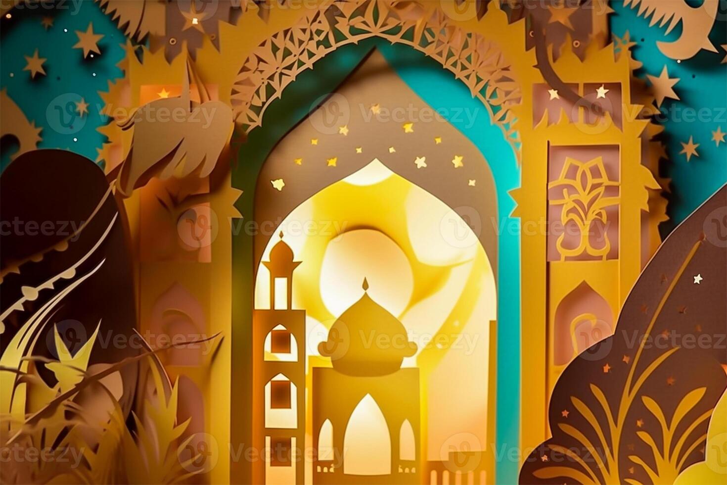 Islamic ramadan background in papercut style. Eid al fir paper craft background. . photo