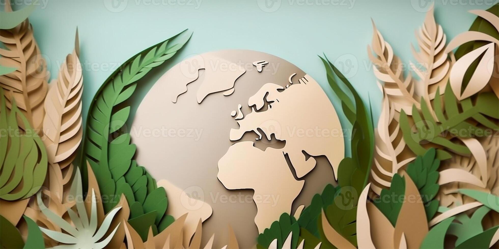 Paper cut craft, green ecology conservation and earth day creative concept. Green earth in paper craft art style. . photo