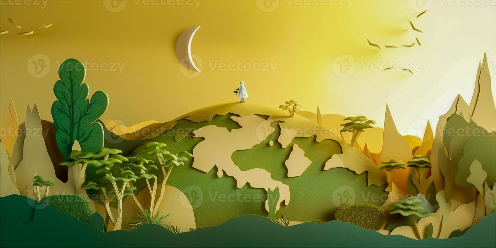 Paper cut craft, green ecology conservation and earth day creative concept. Green earth in paper craft art style. . photo