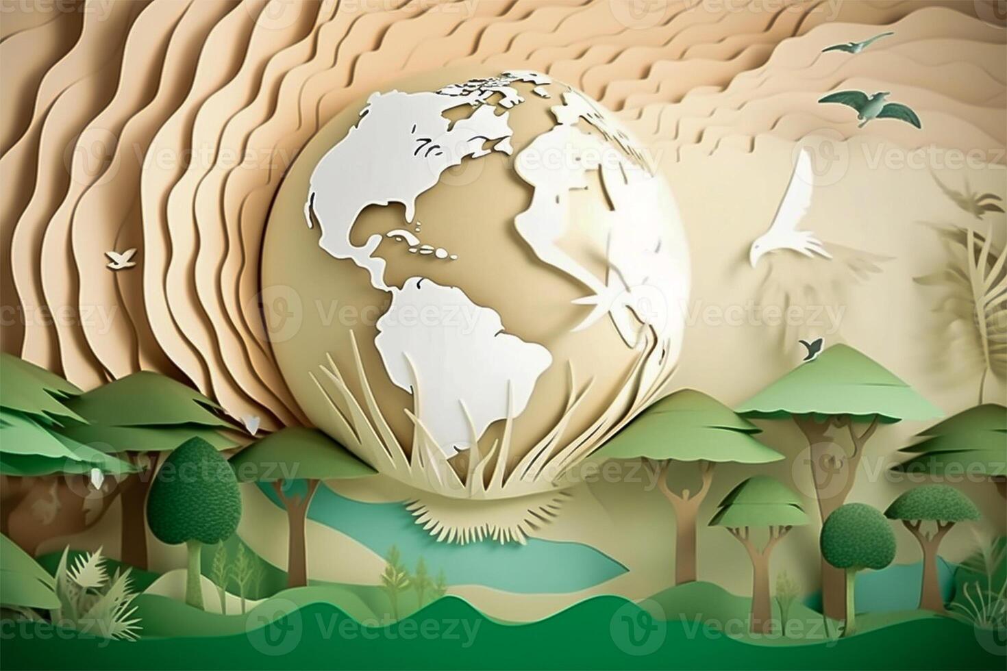 Paper cut craft, green ecology conservation and earth day creative concept. Green earth in paper craft art style. . photo