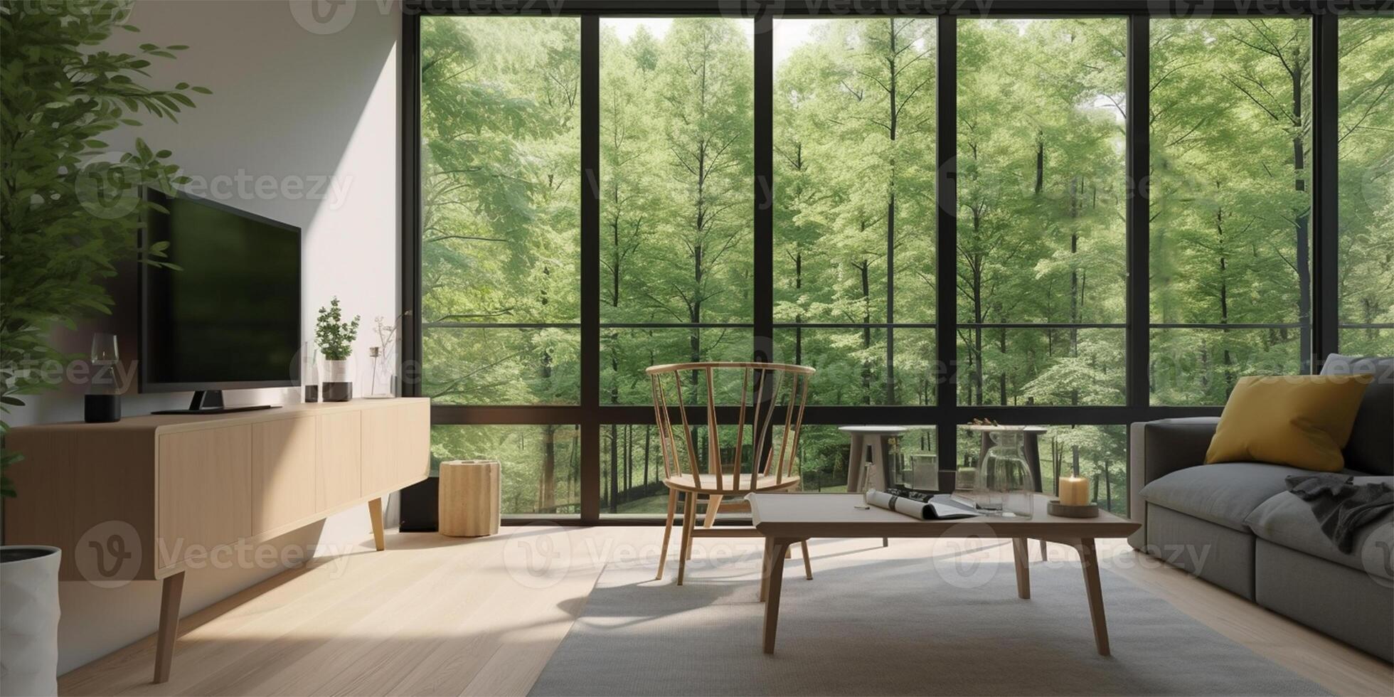 Modern living room interior with big windows. Large bank of windows