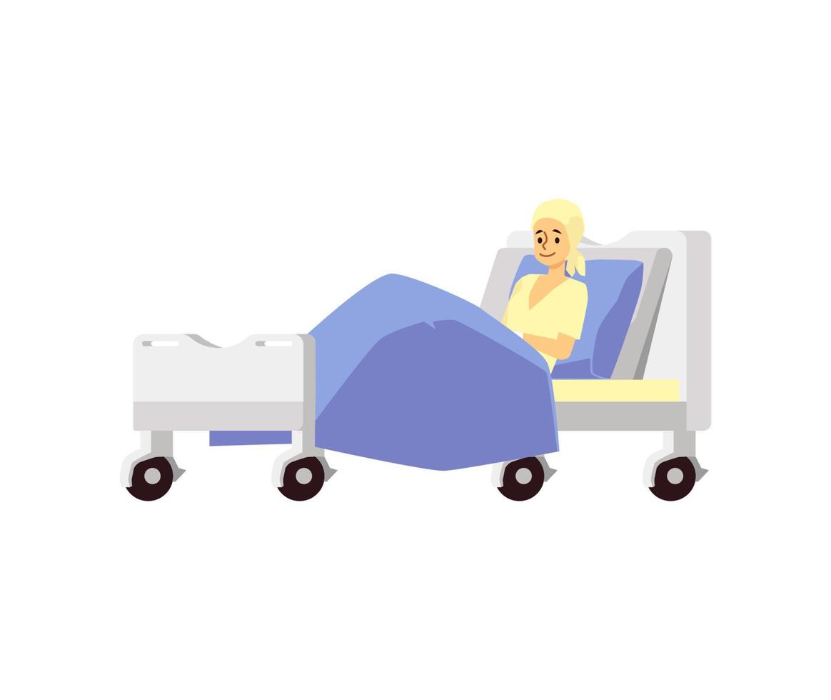 mujer dibujos animados personaje en hospital cama, plano vector ilustración aislado.