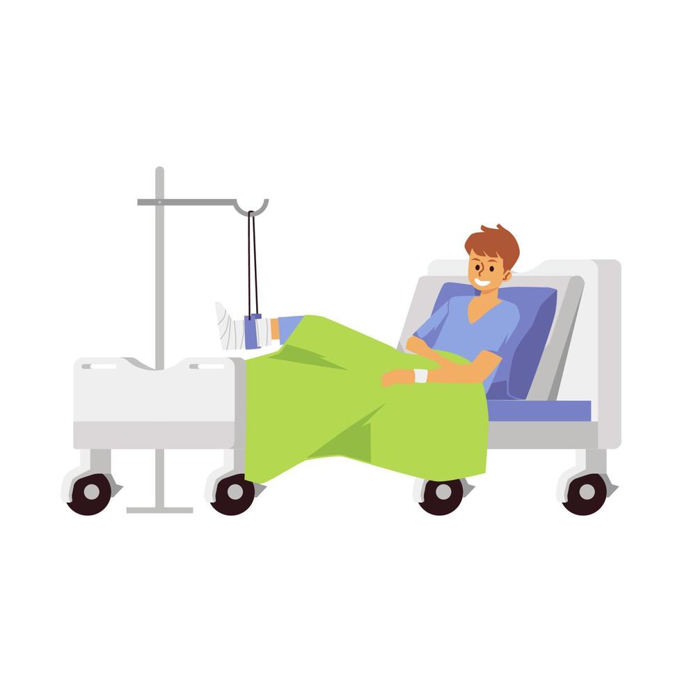 Man character with broken leg in hospital bed flat vector illustration isolated.