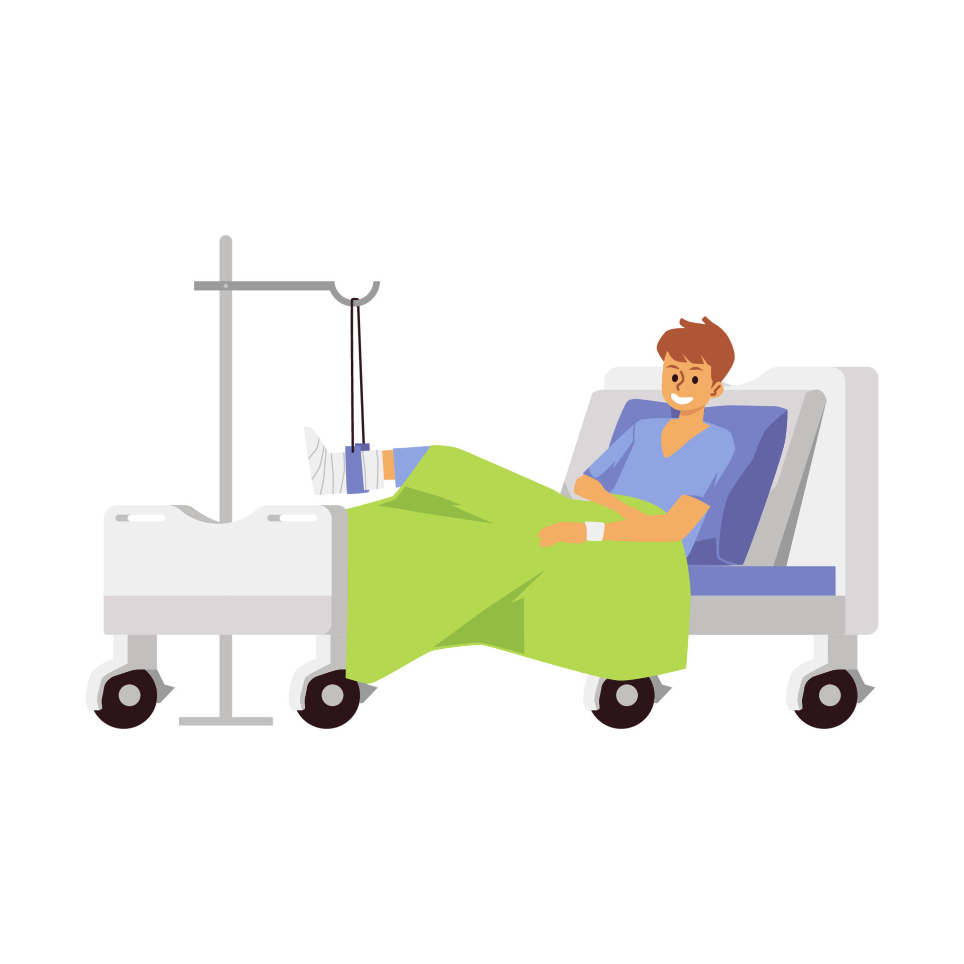 Man character with broken leg in hospital bed flat vector illustration ...