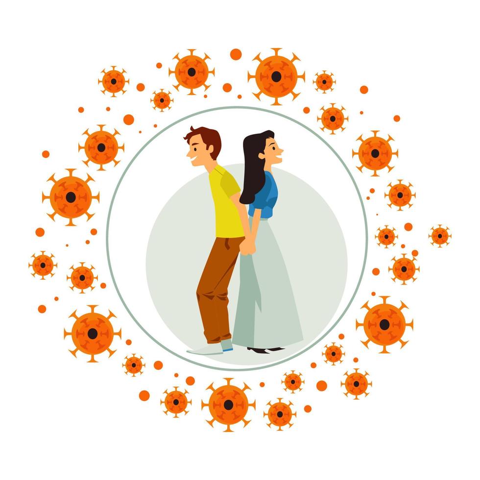 Couple in bubble reflecting viruses, flat vector illustration isolated.