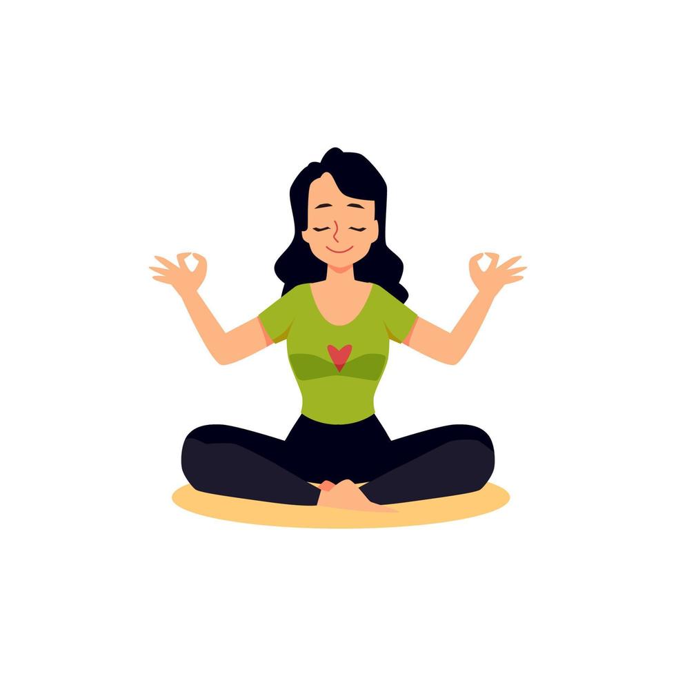 Young woman sitting in yoga lotus position, flat vector illustration isolated.