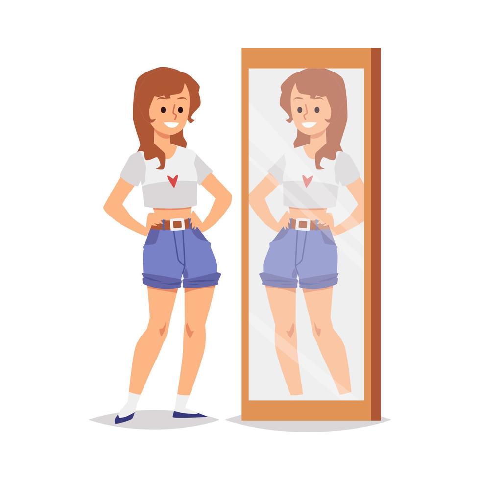 Smiling positive girl looks at her reflection in the mirror and self acceptance. vector