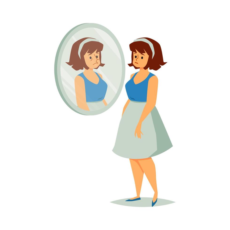 Overweight woman disappointed with appearance, flat vector illustration isolated.