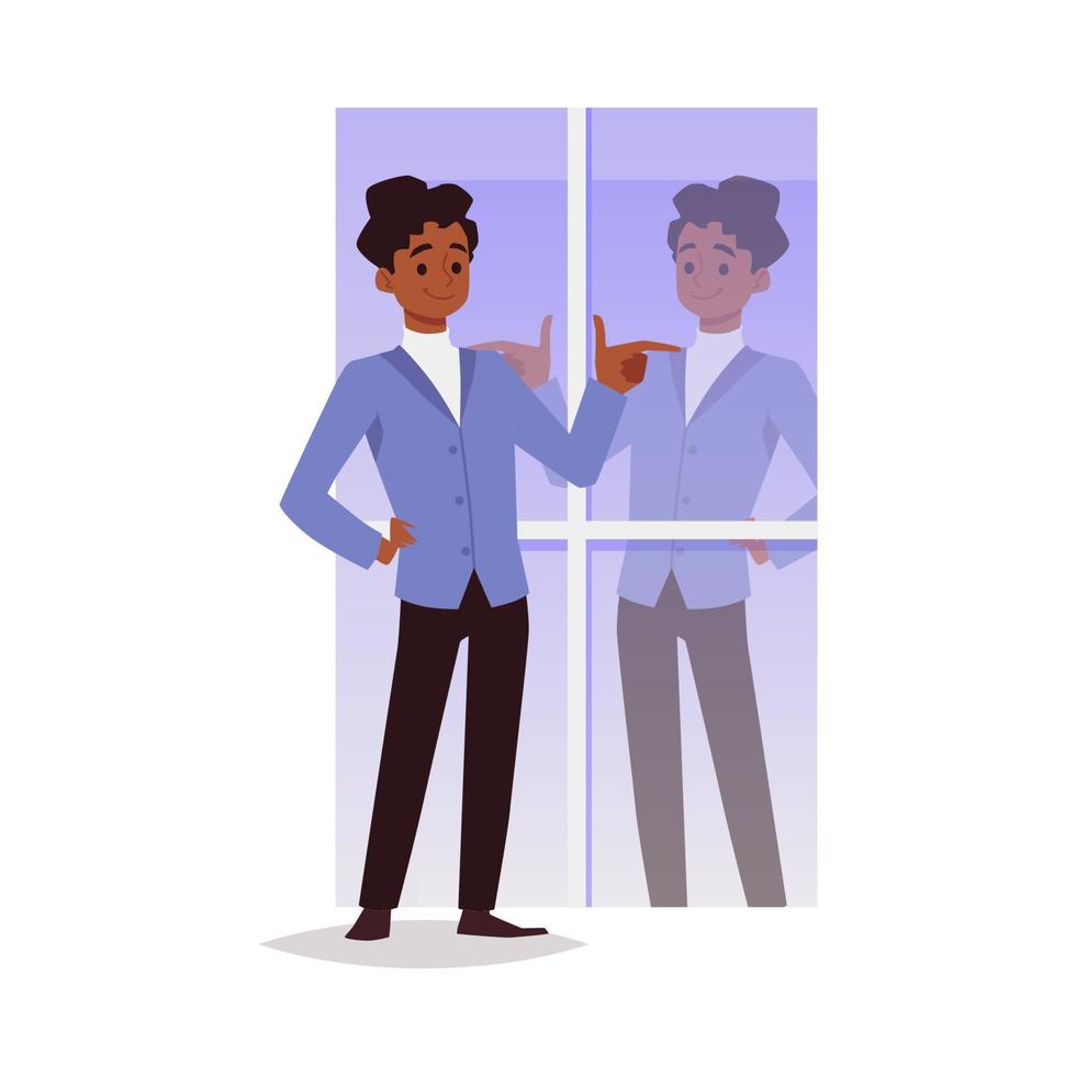 Confident man satisfied with his appearance, flat vector illustration isolated.
