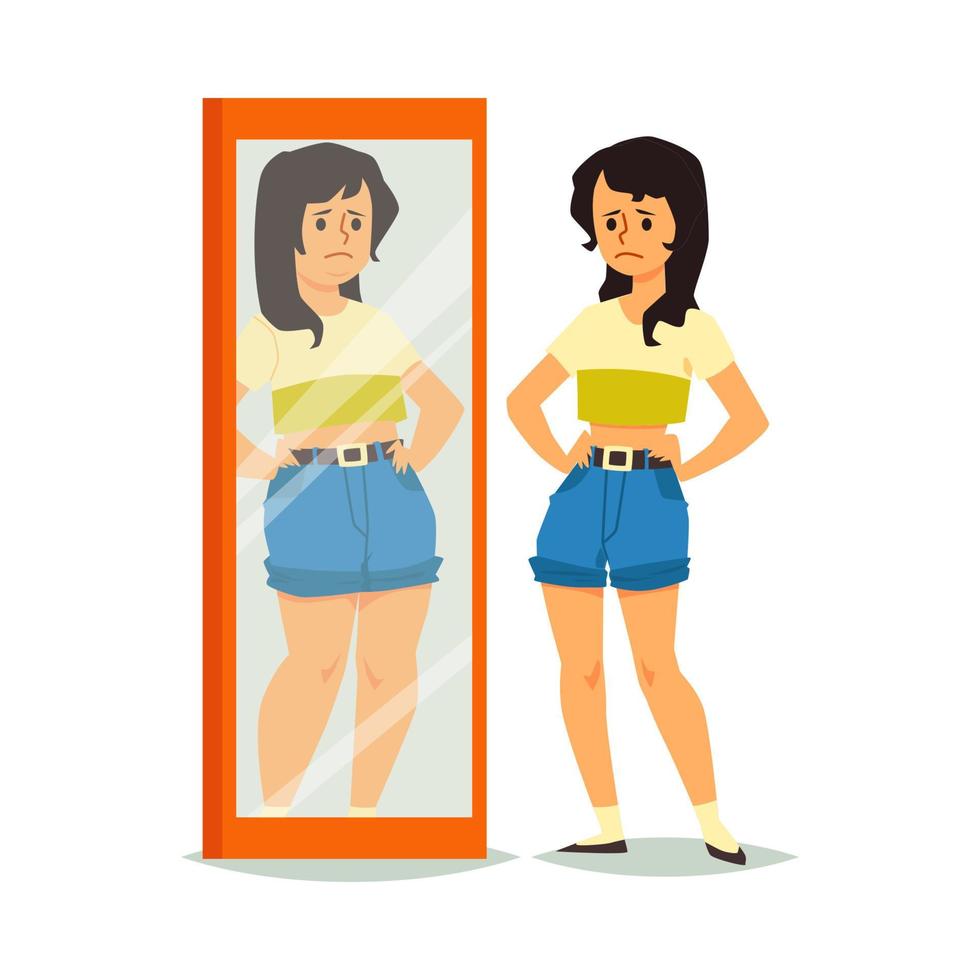Accepting, loving, confidence and self respecting positive girl looks in mirror. vector