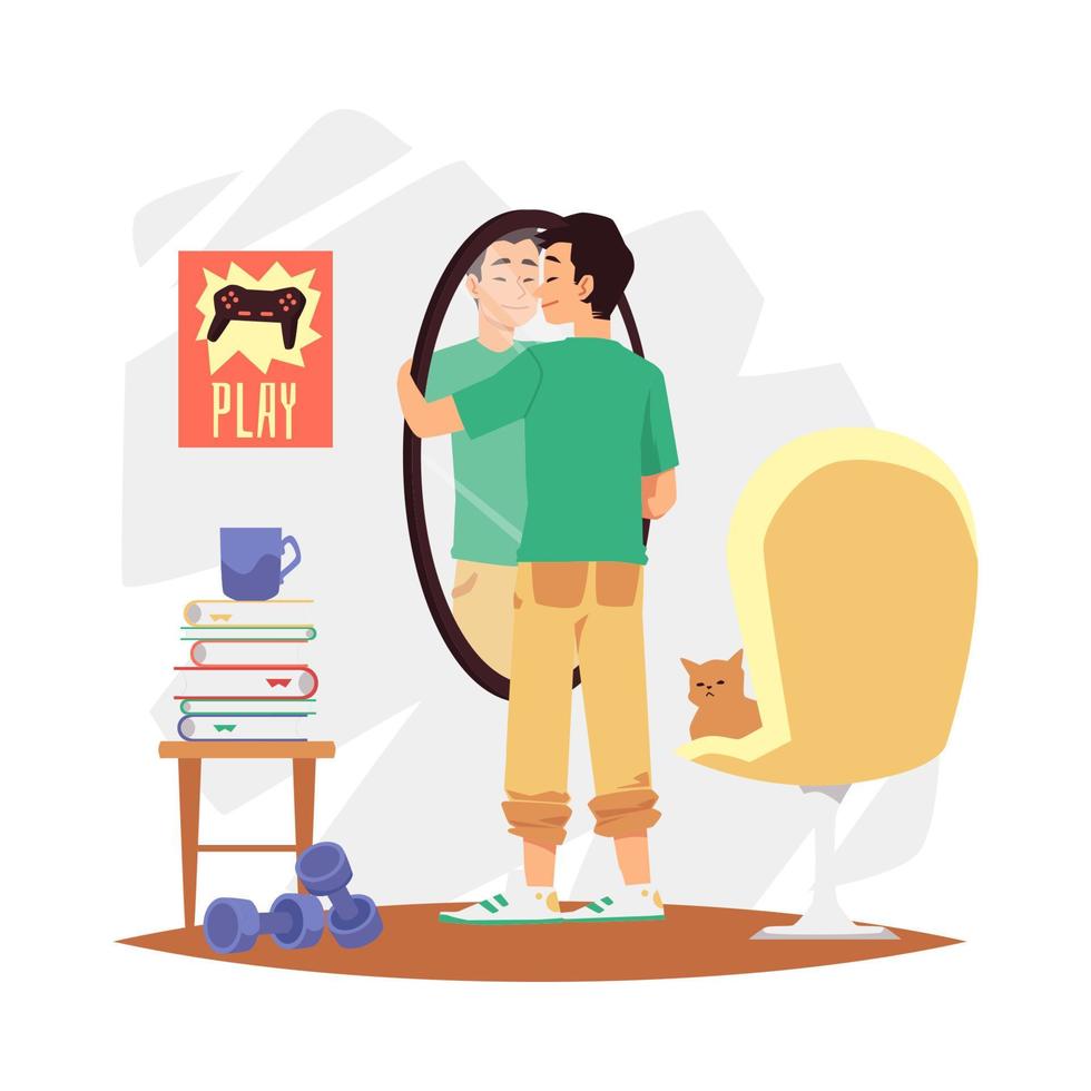 Man satisfied with his reflection in mirror, flat vector illustration isolated.