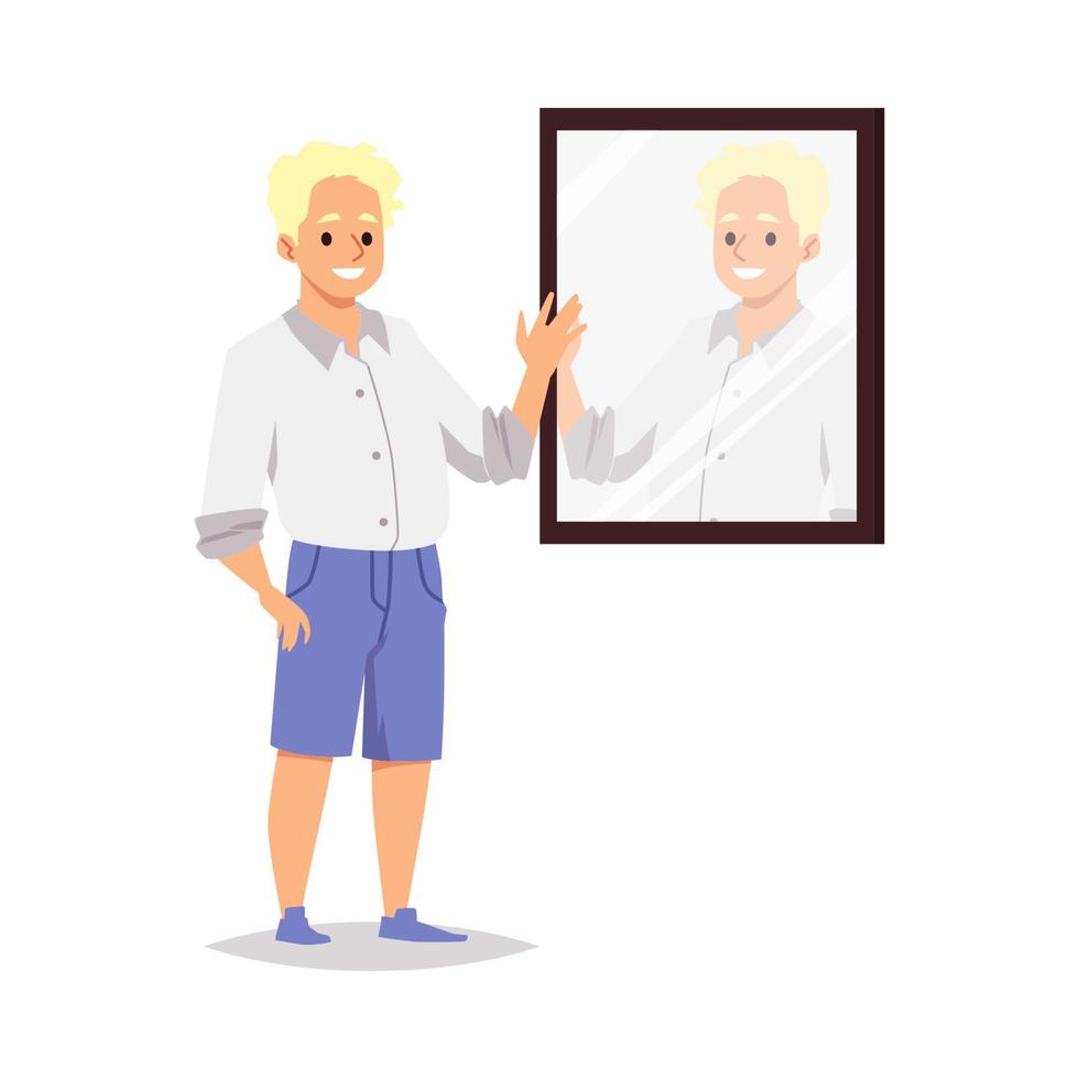 Smiling positive young man looks at reflection in mirror and self acceptance. vector