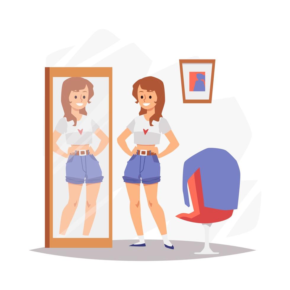 Woman happy and contented with her appearance, flat vector illustration isolated.