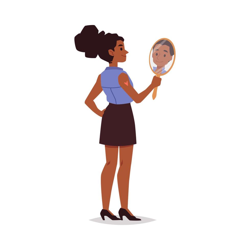 African american woman looking at mirror, cartoon vector illustration isolated.