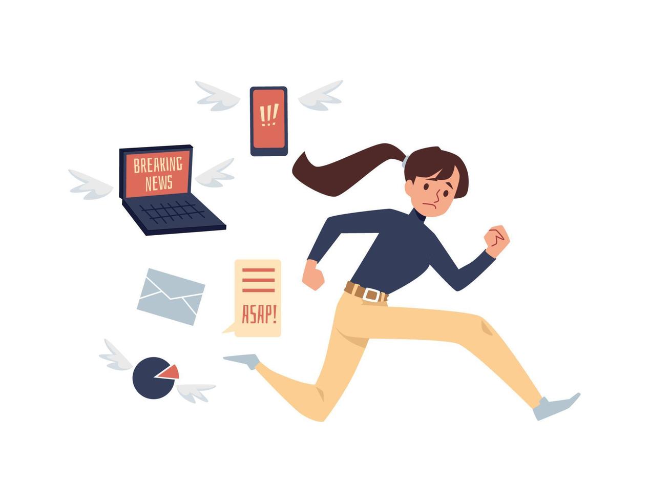 Woman running away from breaking news, flat vector illustration isolated.