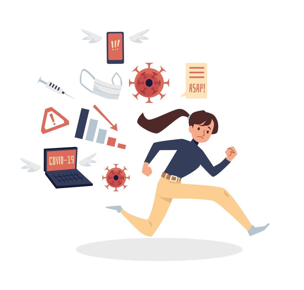 Woman runs from the information flow, flat vector illustration isolated.