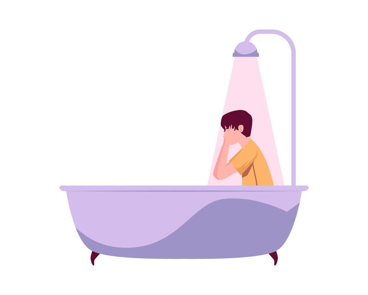 Lonely depressed dressed man in a bathtub, flat vector illustration isolated.