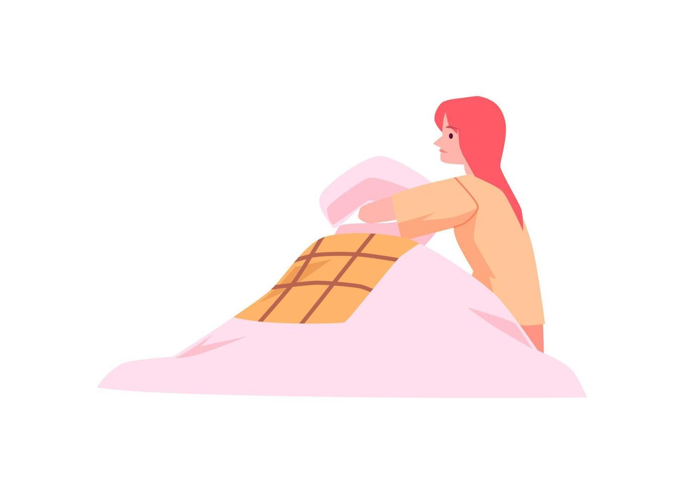 Sad lonely girl is sitting alone under blanket hugging pillow. vector