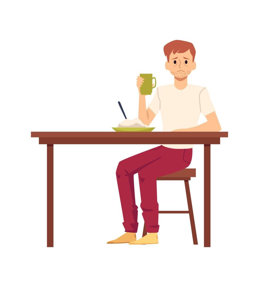 Lonely upset man having his dinner alone, flat vector illustration isolated.