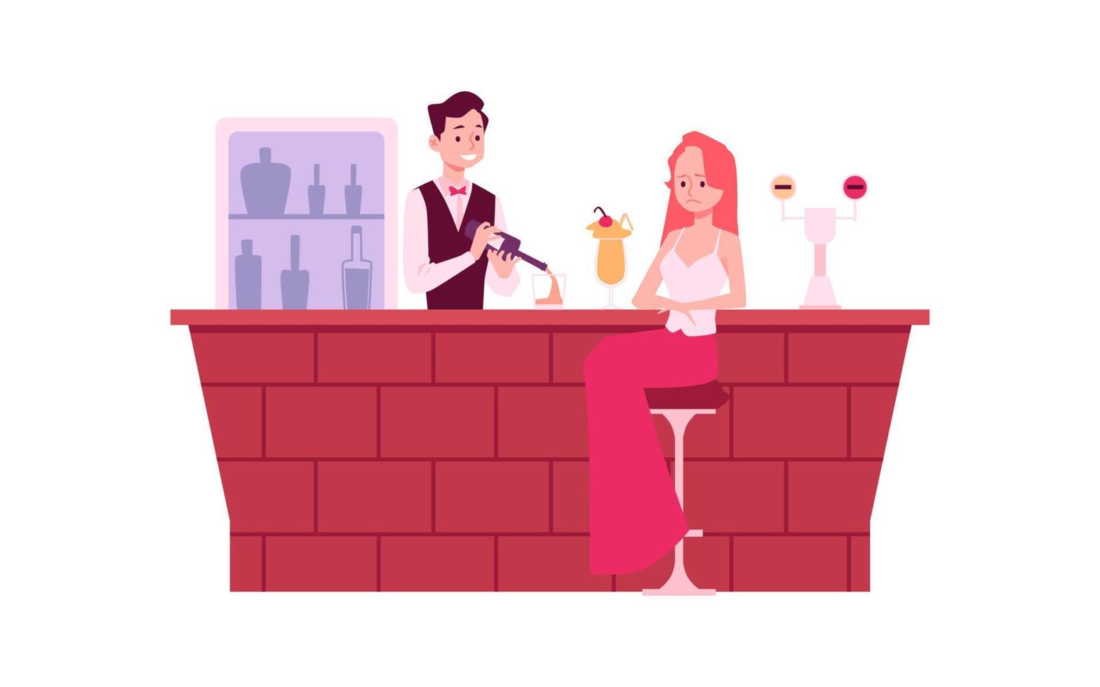 solitario mujer en depresión a bar encimera, plano vector ilustración aislado.