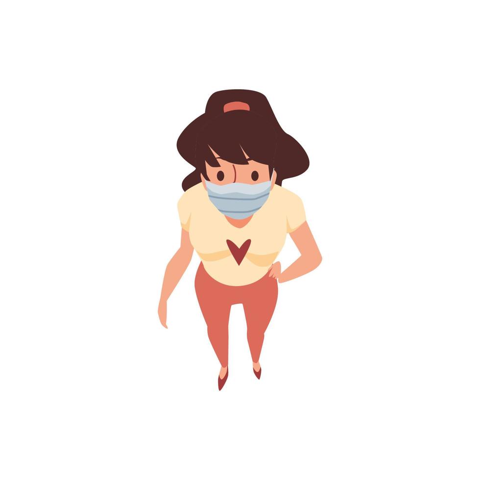 Top view on standing girl brunette looking up at viewer a vector illustration.