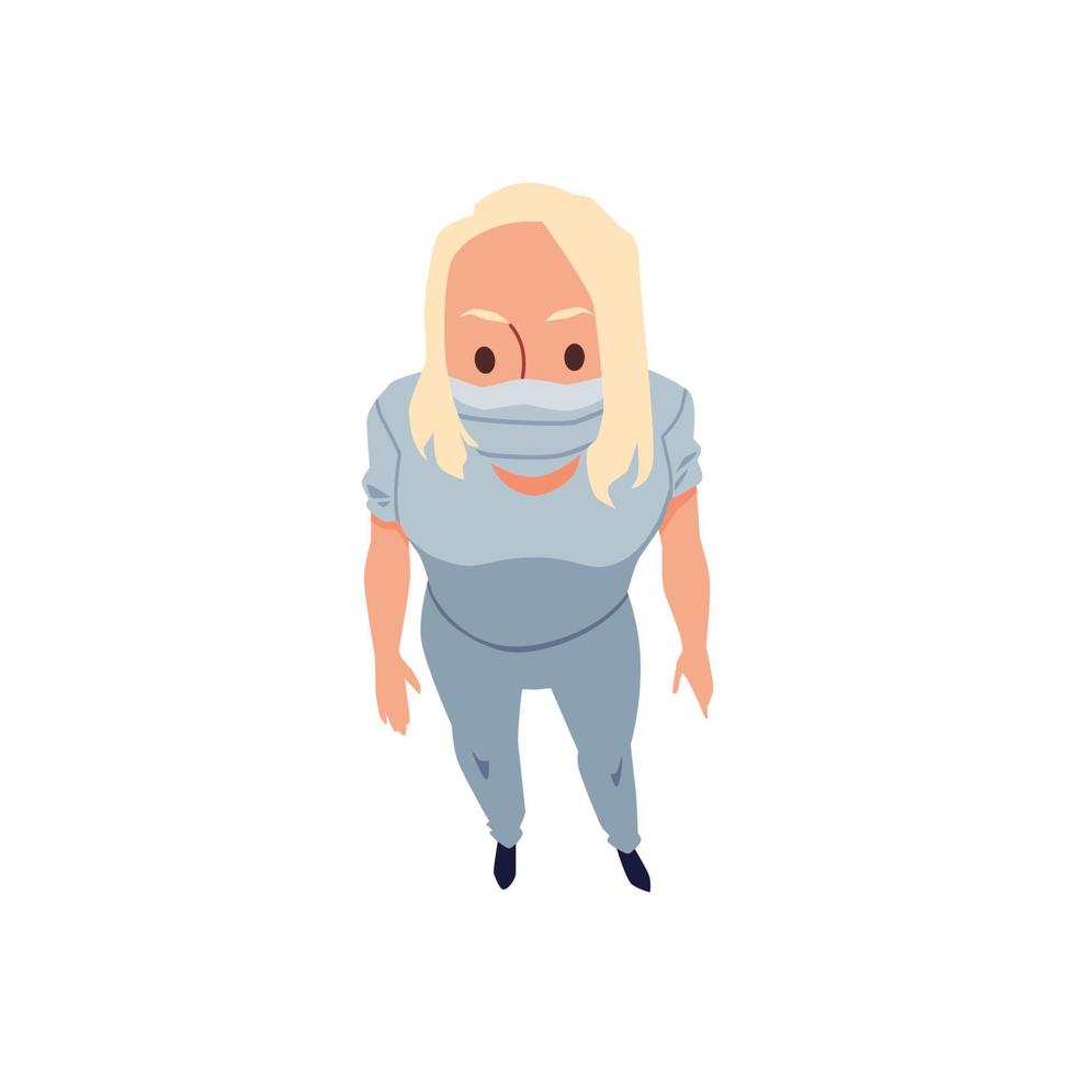 View from above on woman in mask looking up, flat vector illustration isolated.