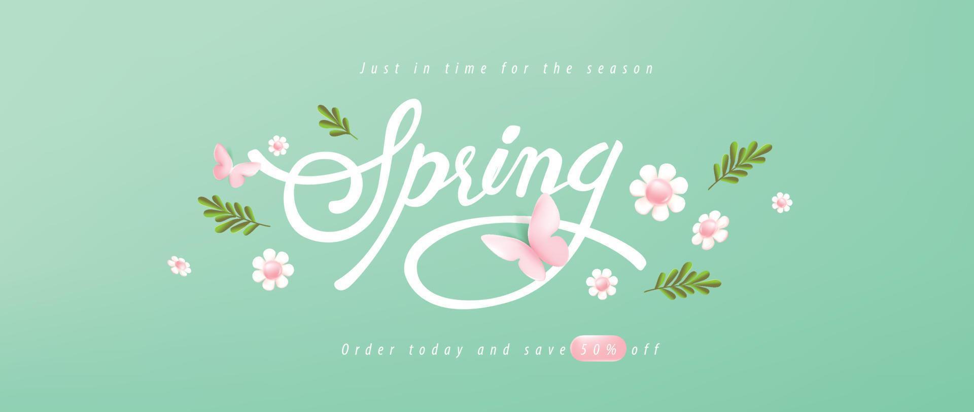 primavera rebaja encabezamiento o bandera diseño promoción diseño con Fresco floración flores y mariposa elementos vector