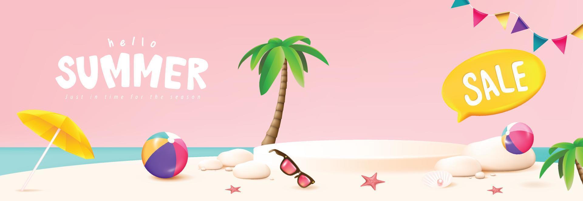 Summer travel banner display podium with sand and summer beach scene design background vector