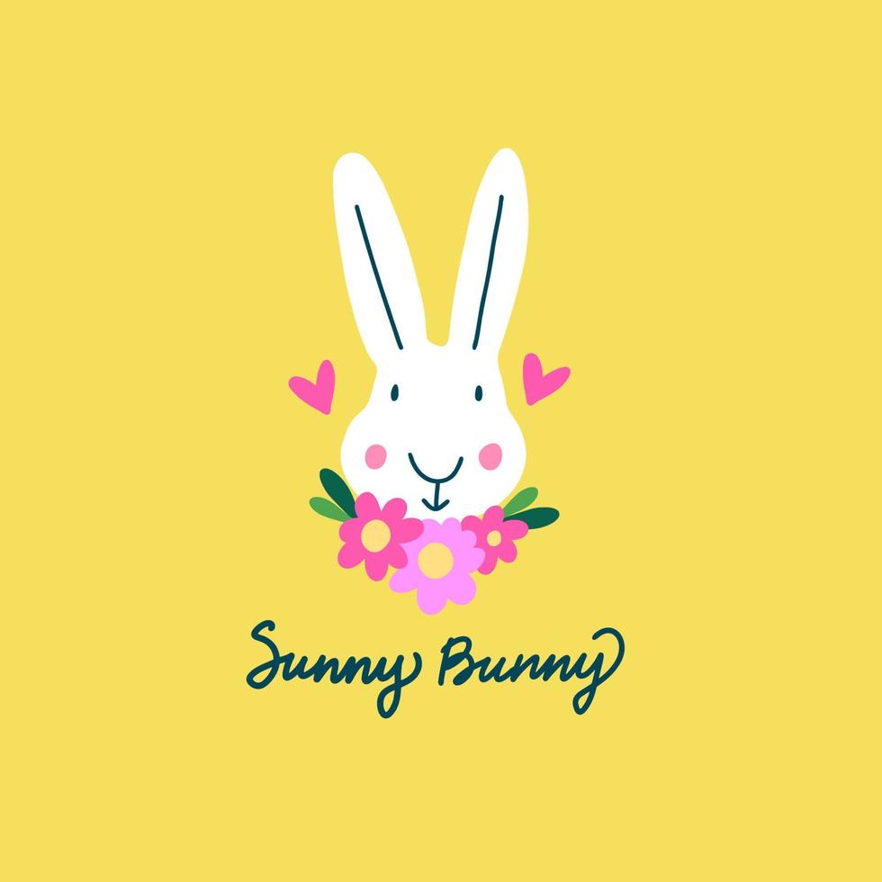 Happy Easter greeting card with cute Rabbit and flowers. Sunny Bunny sign. vector