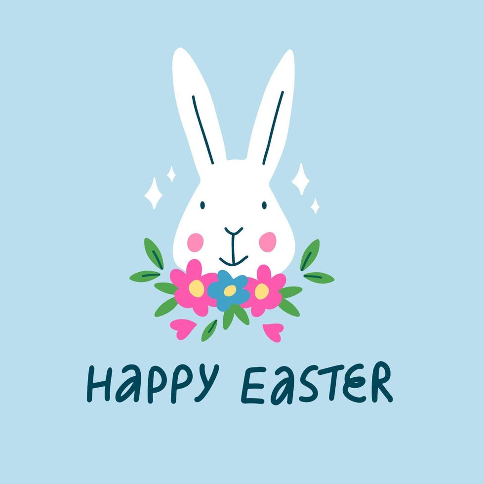 Happy Easter greeting card with cute Rabbit and flowers. vector