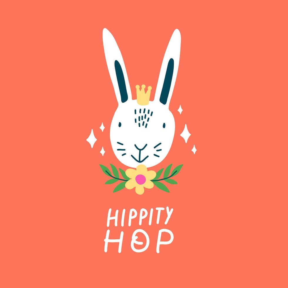 Happy Easter greeting card with cute Rabbit and flowers. Hippity Hop sign. vector