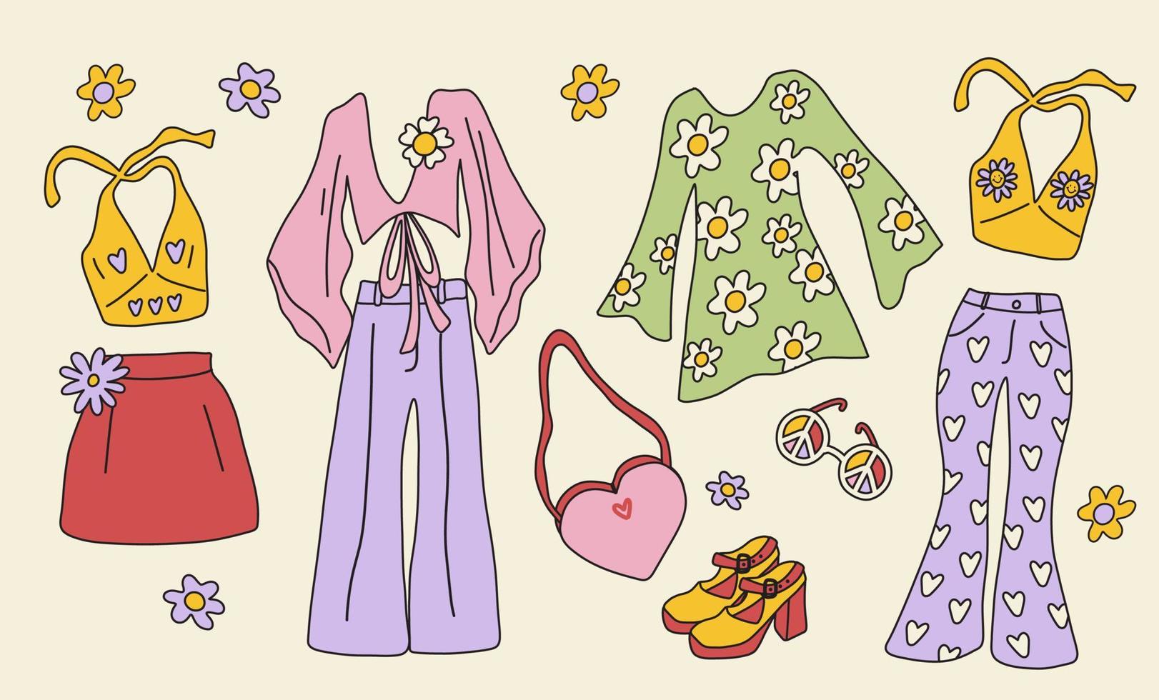 Set of clothes in retro hippie style. Classic Woodstock Sixties Subculture Clothes. vector