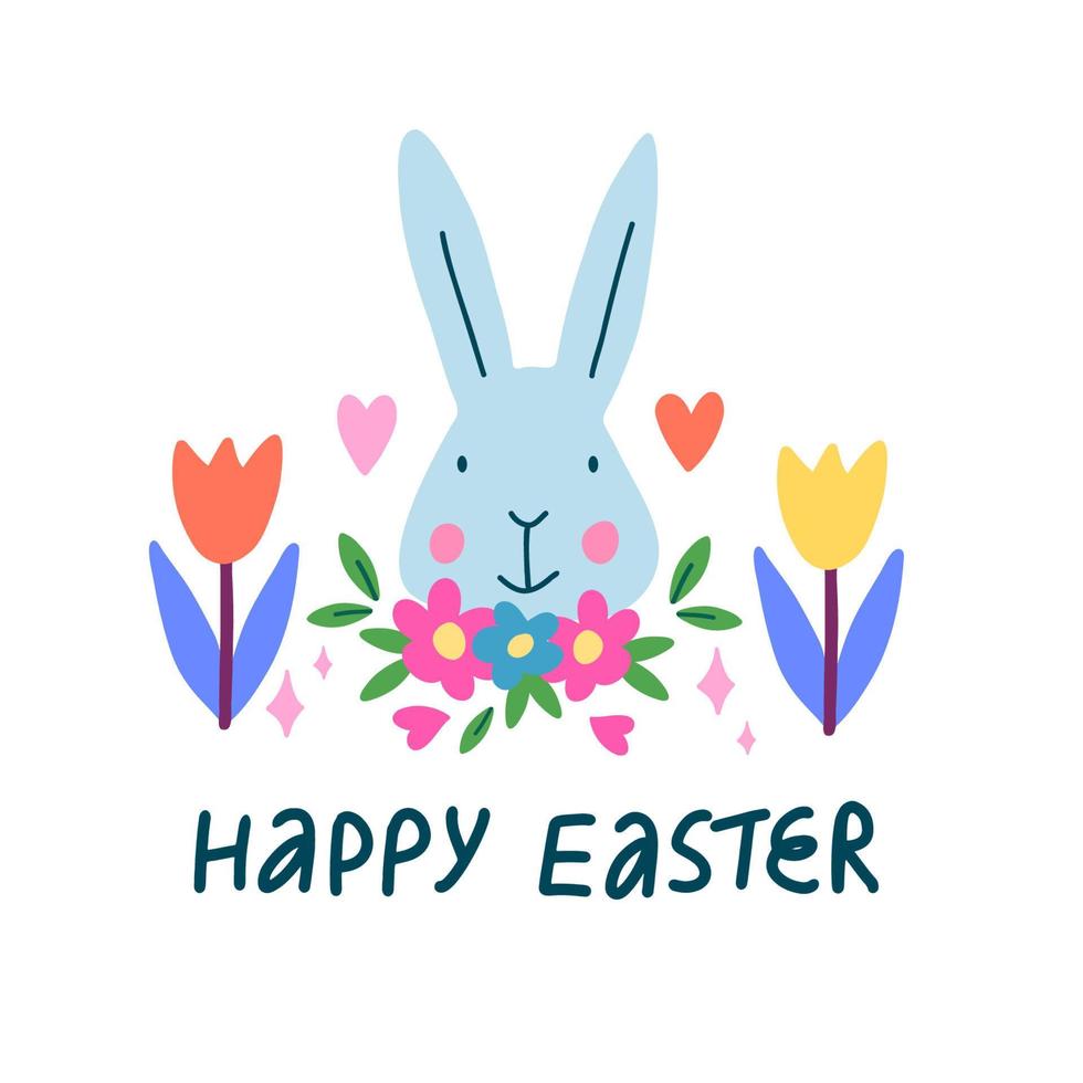 Happy Easter greeting card with cute Rabbit and flowers. vector