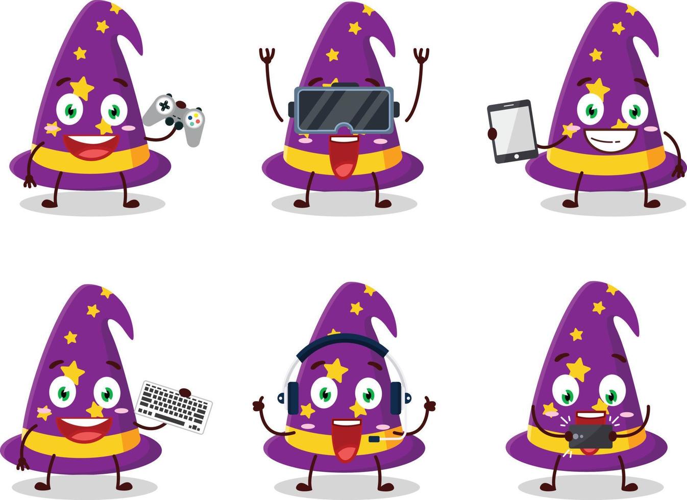 Wizard hat cartoon character are playing games with various cute emoticons vector