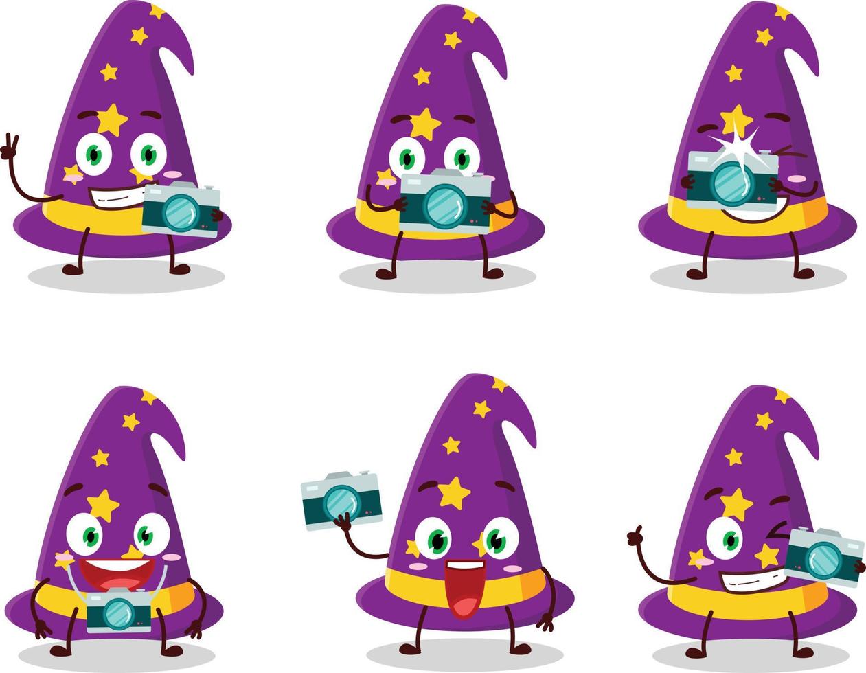 Photographer profession emoticon with wizard hat cartoon character vector