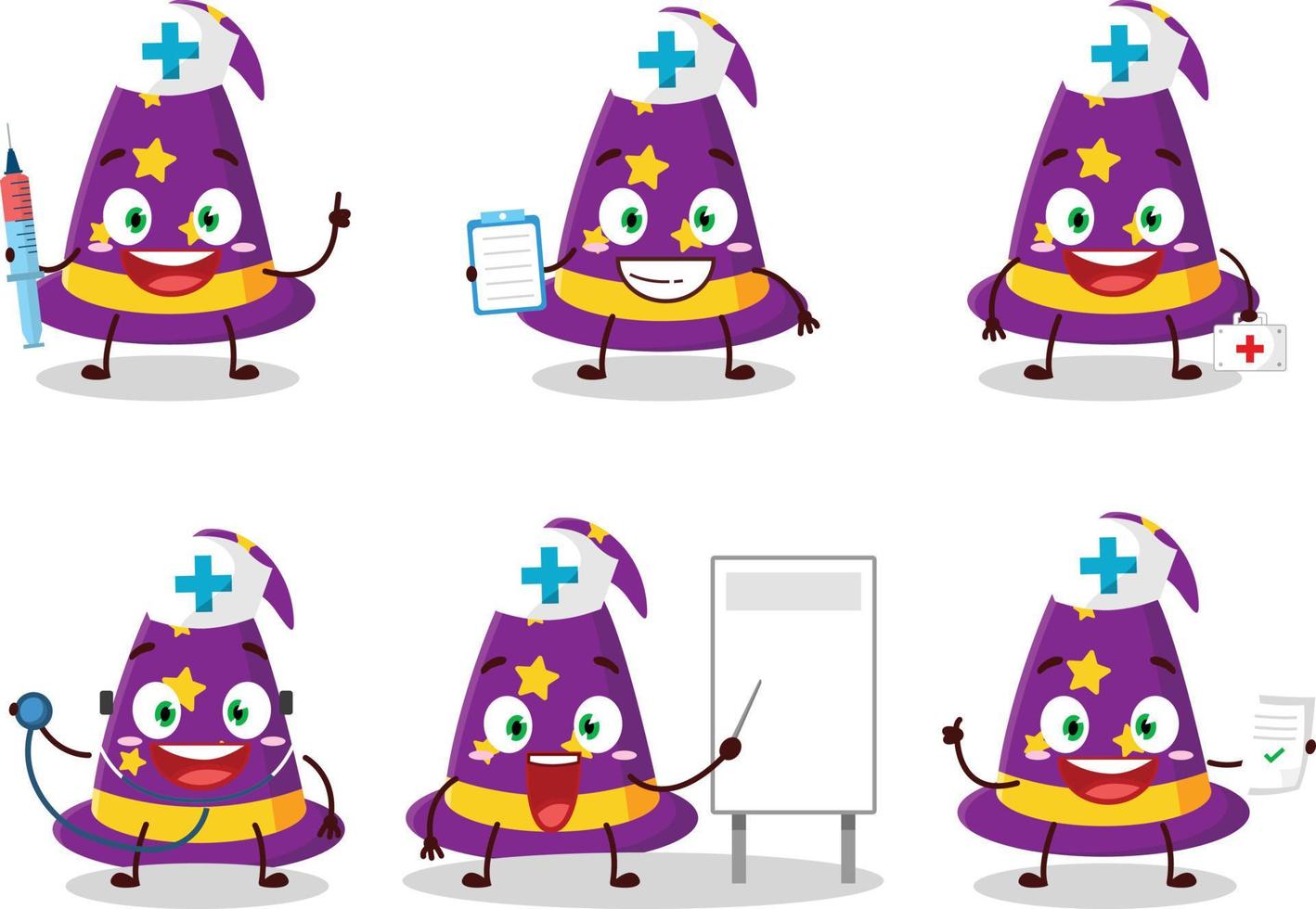 médico profesión emoticon con mago sombrero dibujos animados personaje vector