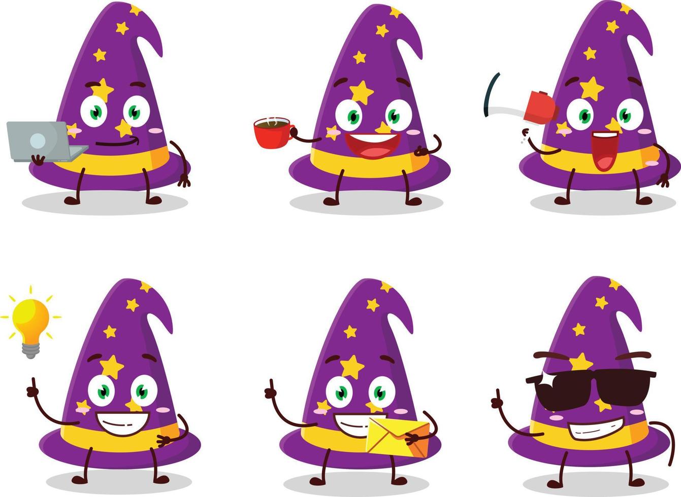 mago sombrero dibujos animados personaje con varios tipos de negocio emoticones vector