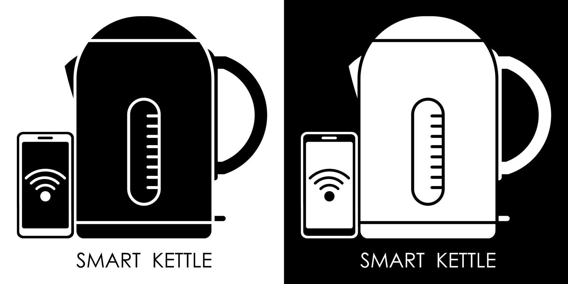 Smart electric kettle icon with smartphone. Modern digital technologies for smart home control. Isolated vector in white and black background