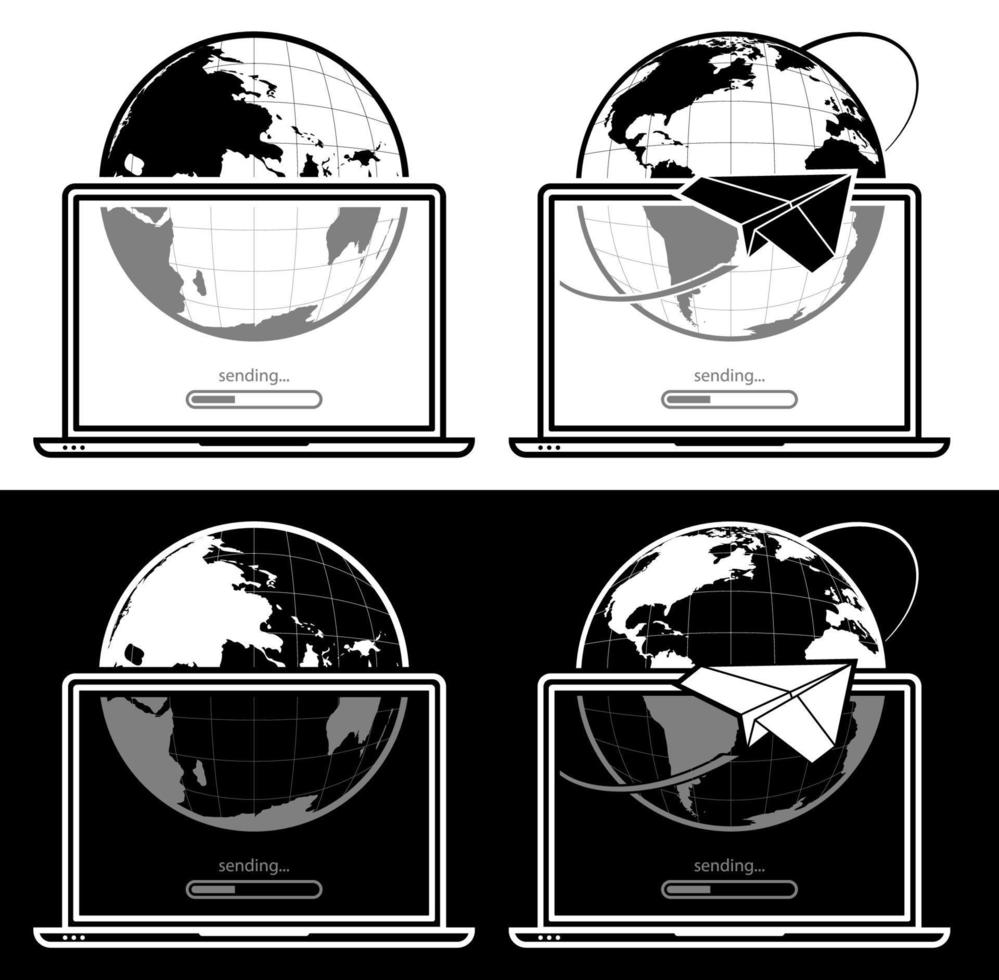 abierto ordenador portátil con símbolo de enviando correo electrónico y datos a Internet. enviando y descargando información en red. moderno digital comunicación tecnologías. vector