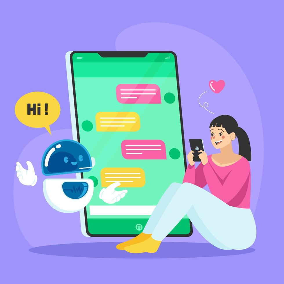 entusiasta niña charla con simpático chatbots vector