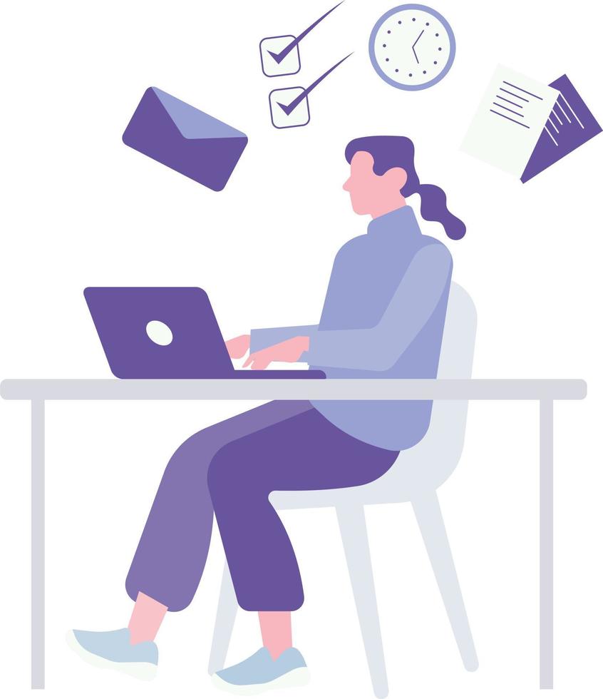 Woman working on laptop at office. Freelance, remote work concept. Vector illustration in flat style