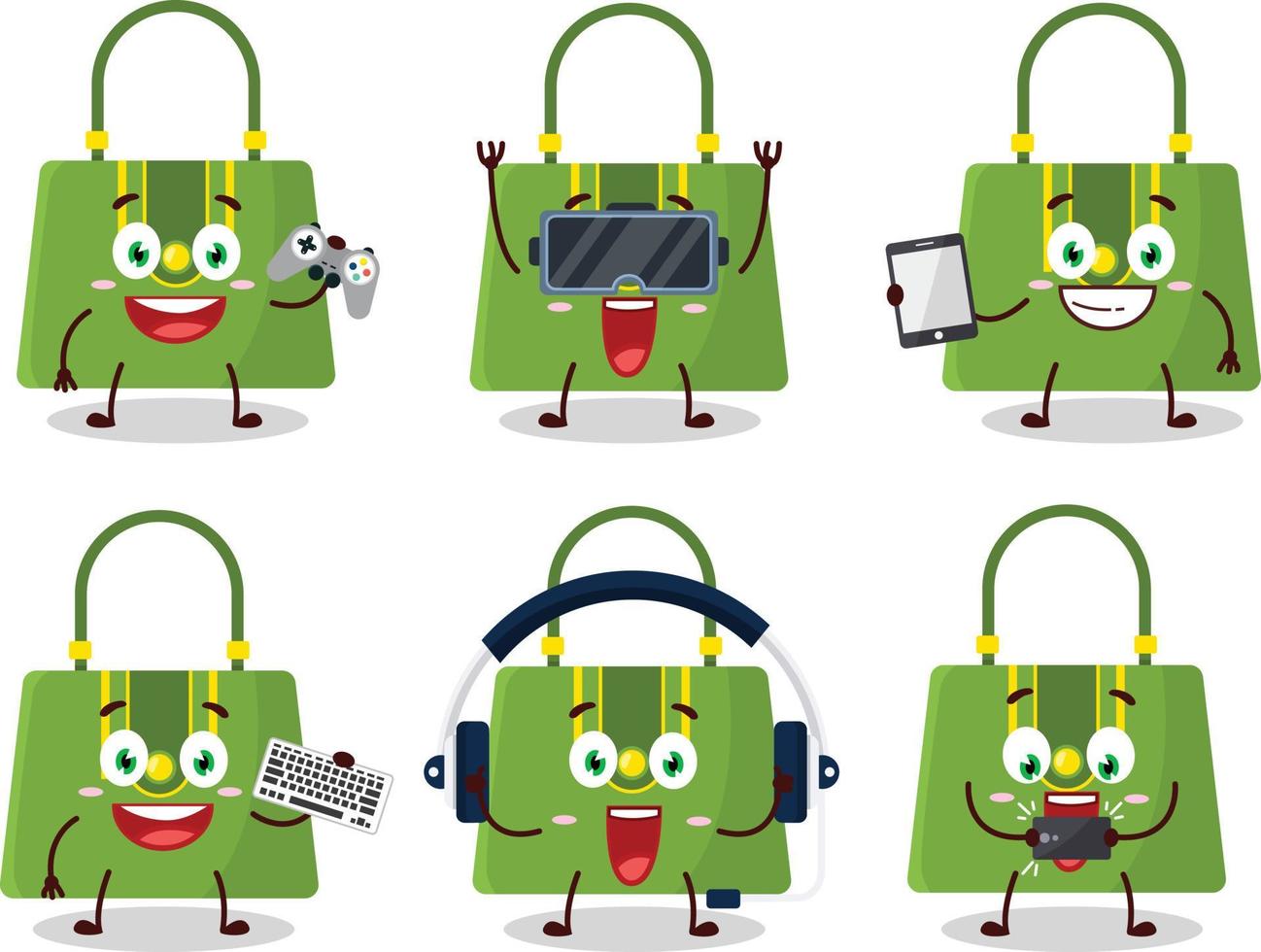 Women bag cartoon character are playing games with various cute emoticons vector