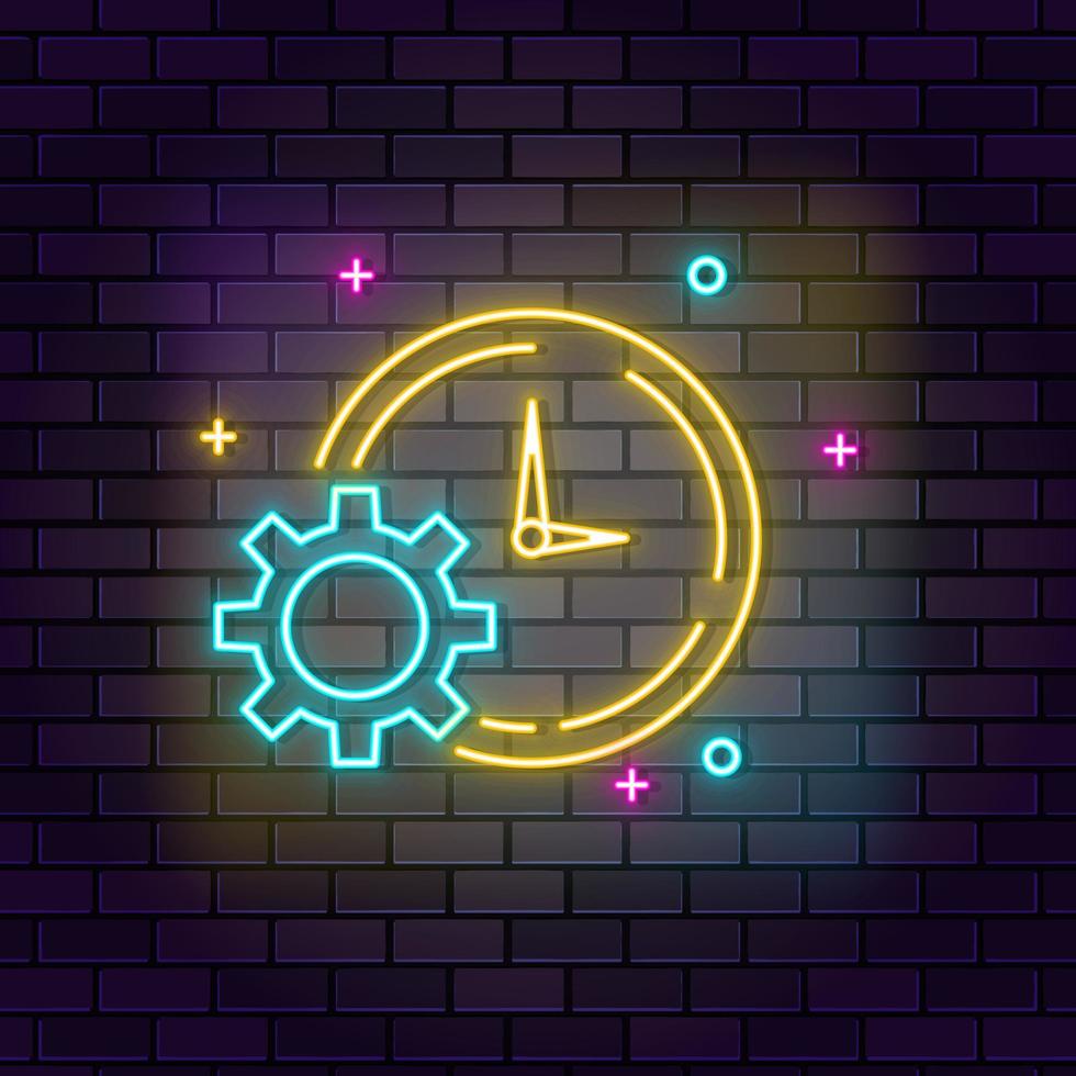 Gear, clock neon icon. Education neon icon on dark brick wall background. vector