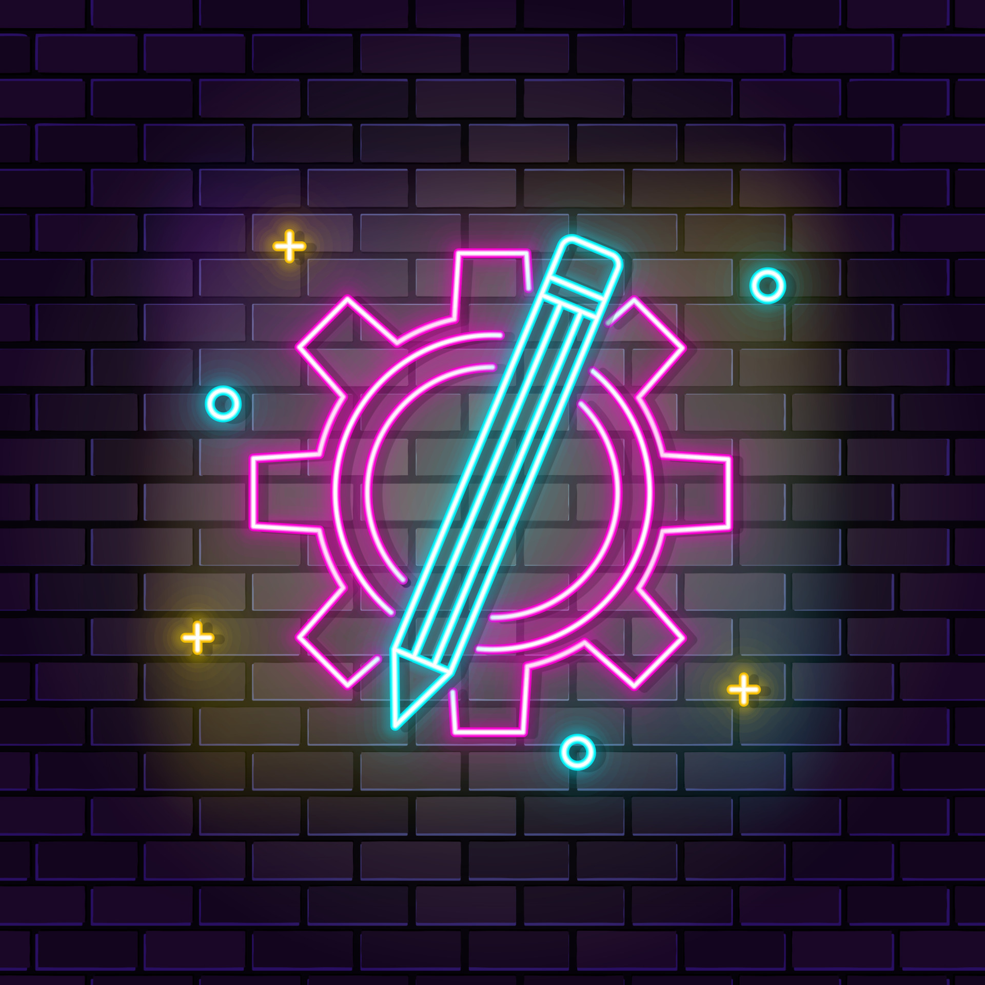 Settings neon icon. Education neon icon on dark brick wall background