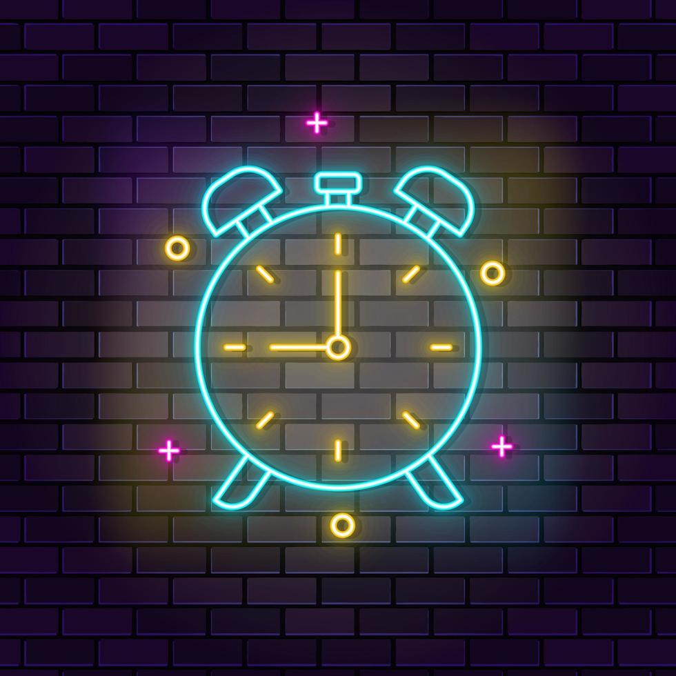 Alarm neon icon. Education neon icon on dark brick wall background. vector
