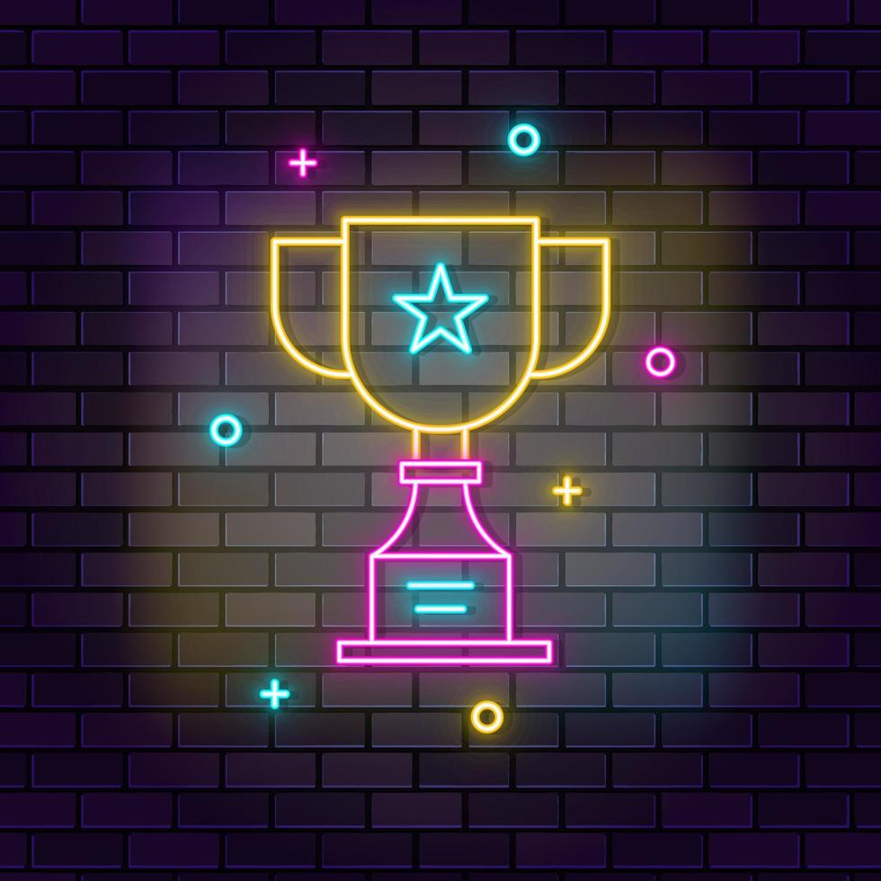 Trophy neon icon. Education neon icon on dark brick wall background. vector