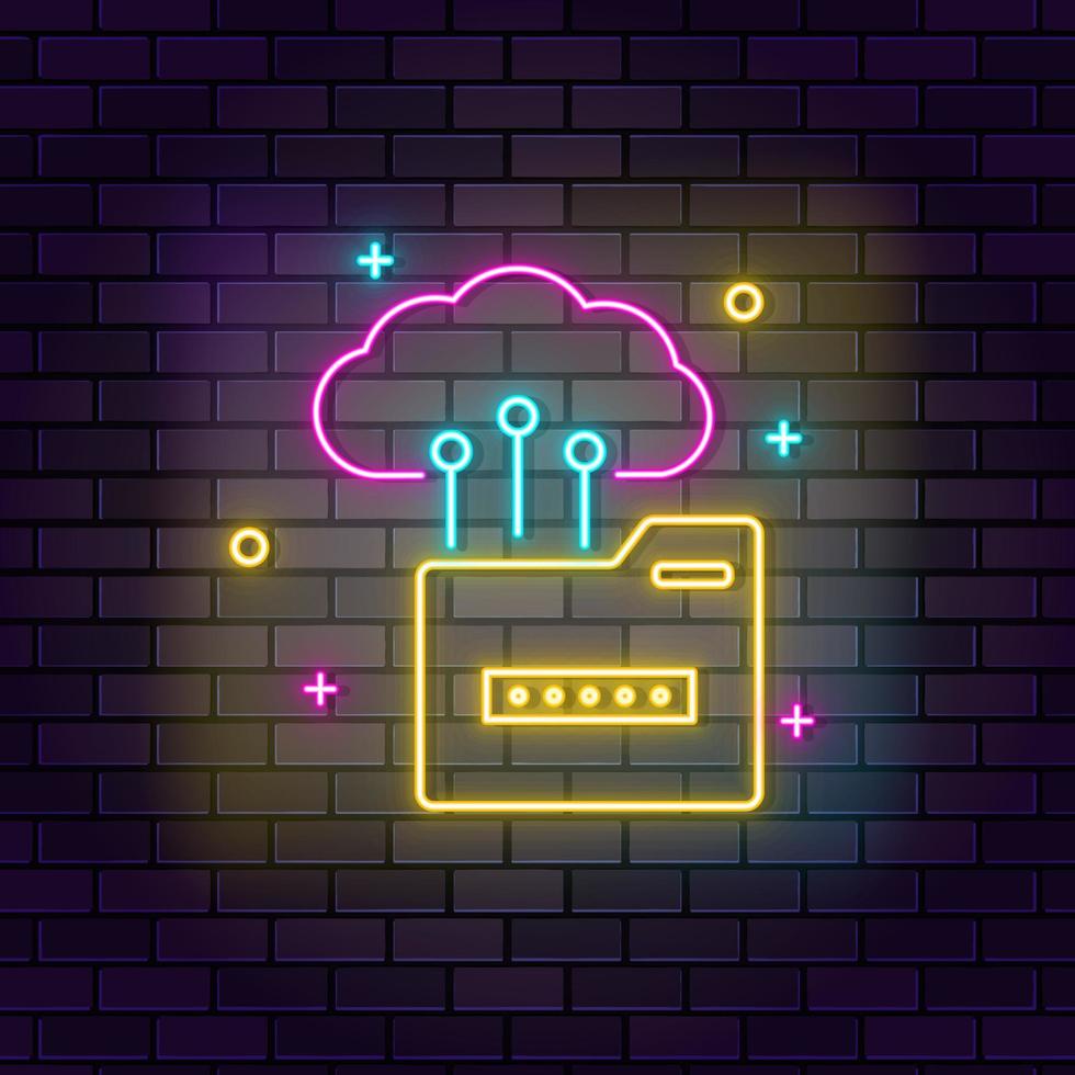 Cloud, data, folder neon icon. Education neon icon on dark brick wall background. vector