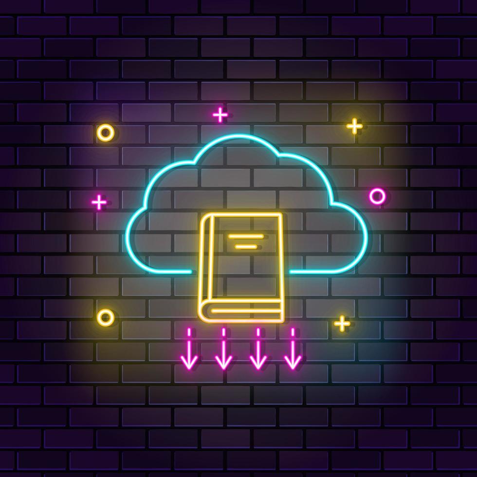 Online library, cloud neon icon. Education neon icon on dark brick wall background. vector