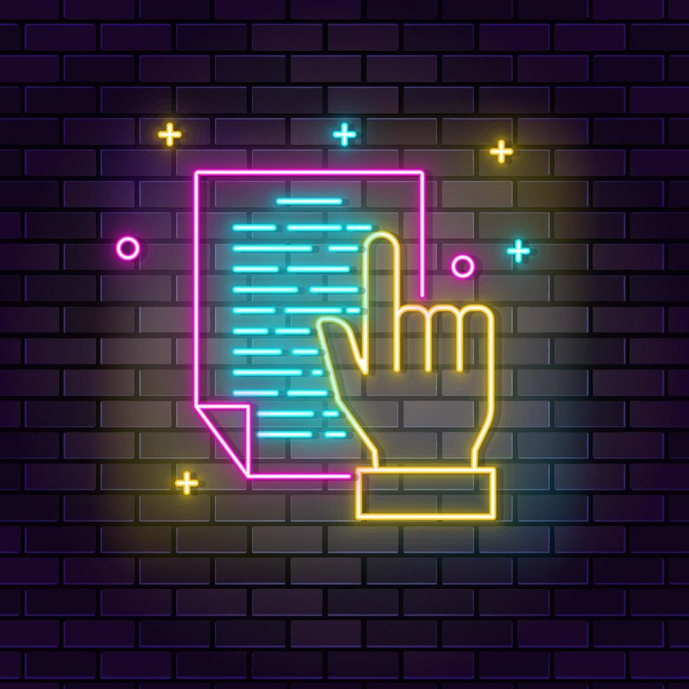 read, hand neon icon. Education neon icon on dark brick wall background. vector